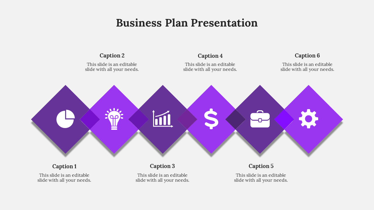 PowerPoint slide for a business plan with six sections, each represented by purple icons with captions.