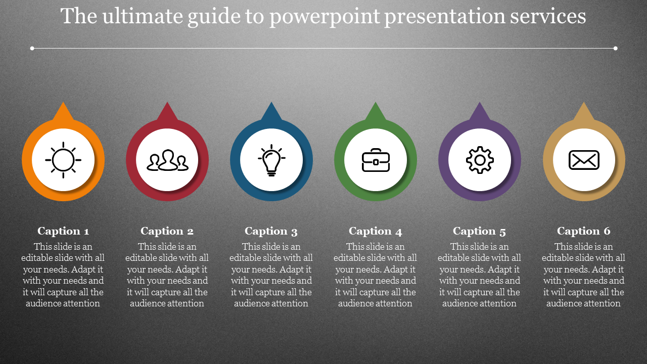 Services slide with sections and color coded icons for captions with placeholder text.