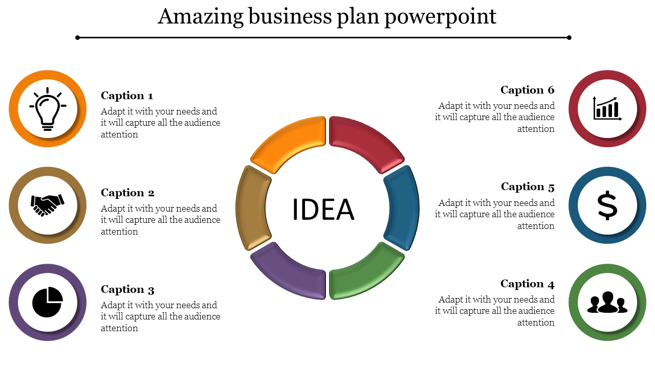 Business plan slide showing a circular chart with six segment in orange, red, blue, green, purple, and gold, each with icons.