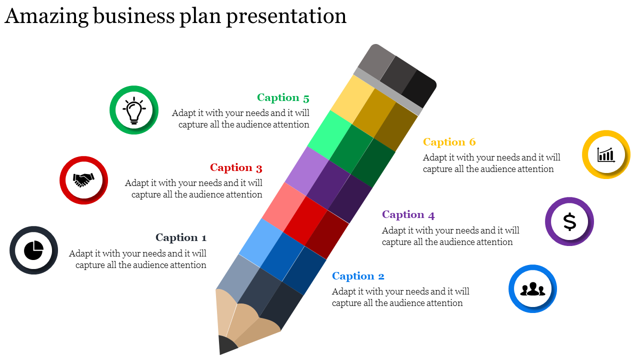 Business plan slide with a colorful pencil icon, featuring six sections with various icons and captions.