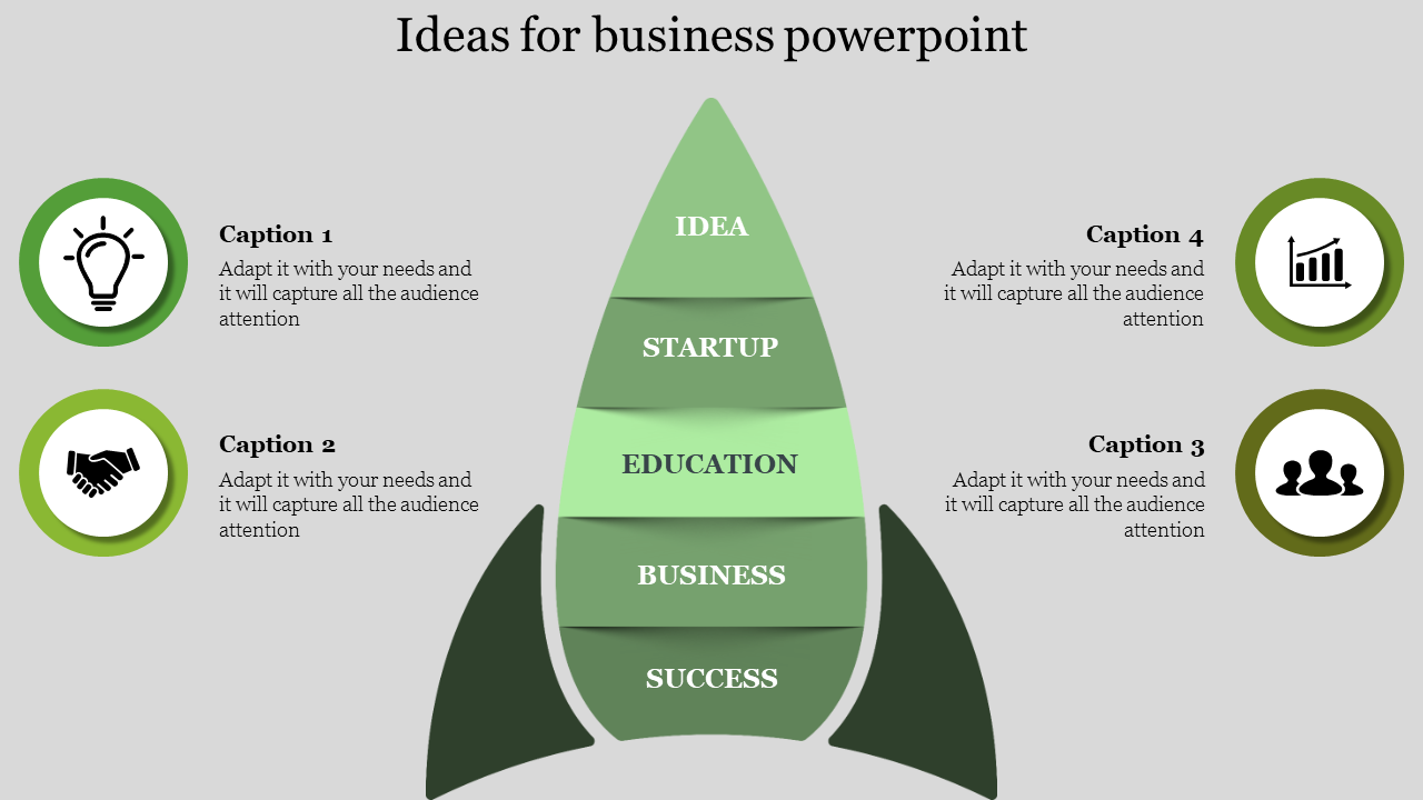 Colorful business plan slide with icons representing ideas, partnerships, teams, and growth set against rocket shaped design.