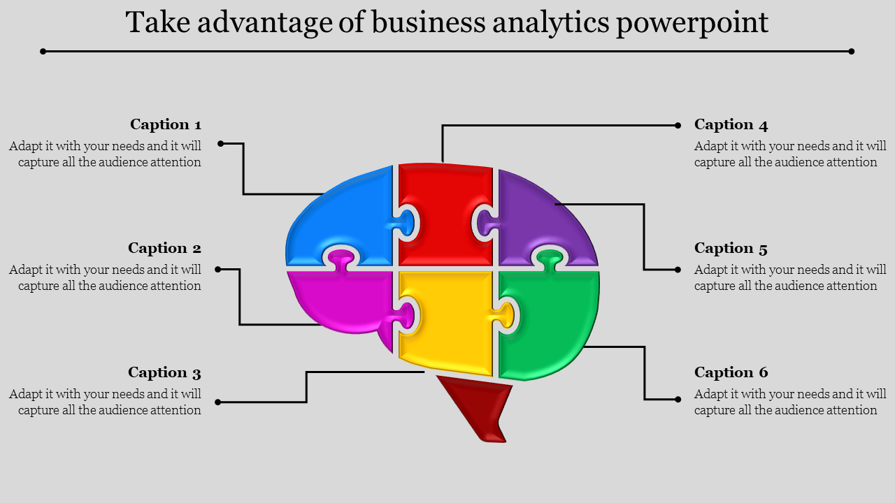 Puzzle graphic of a brain in six segments with colors connected to captions areas for business analytics.