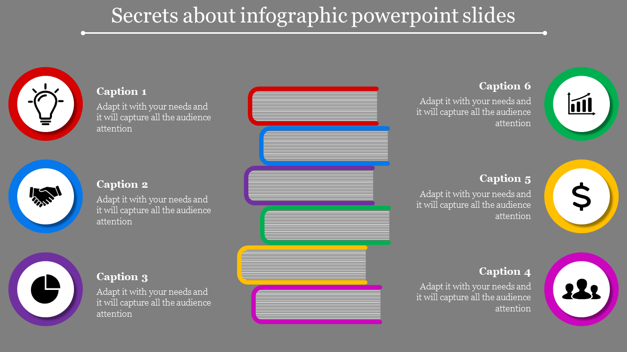 Infographic style slide featuring colorful books stacked vertically, with icons and captions.