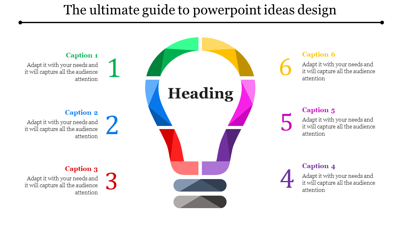 Lightbulb-shaped infographic with six rainbow-colored sections and numbered captions surrounding it, emphasizing ideas.