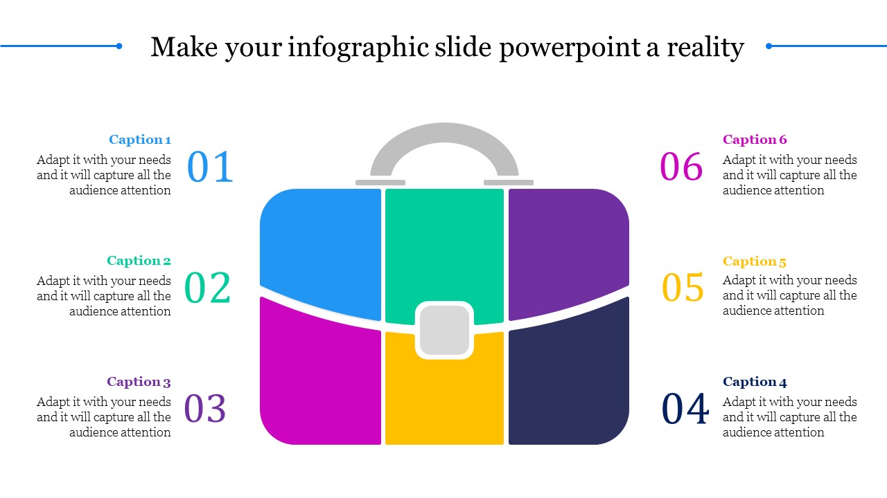 Six section briefcase graphic in blue, green, purple, pink, yellow, and navy, with numbered captions around it.