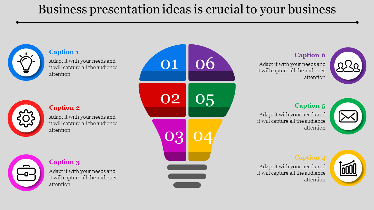 Six segment light bulb infographic with numbers, surrounded by circular icons and captions explaining business ideas.