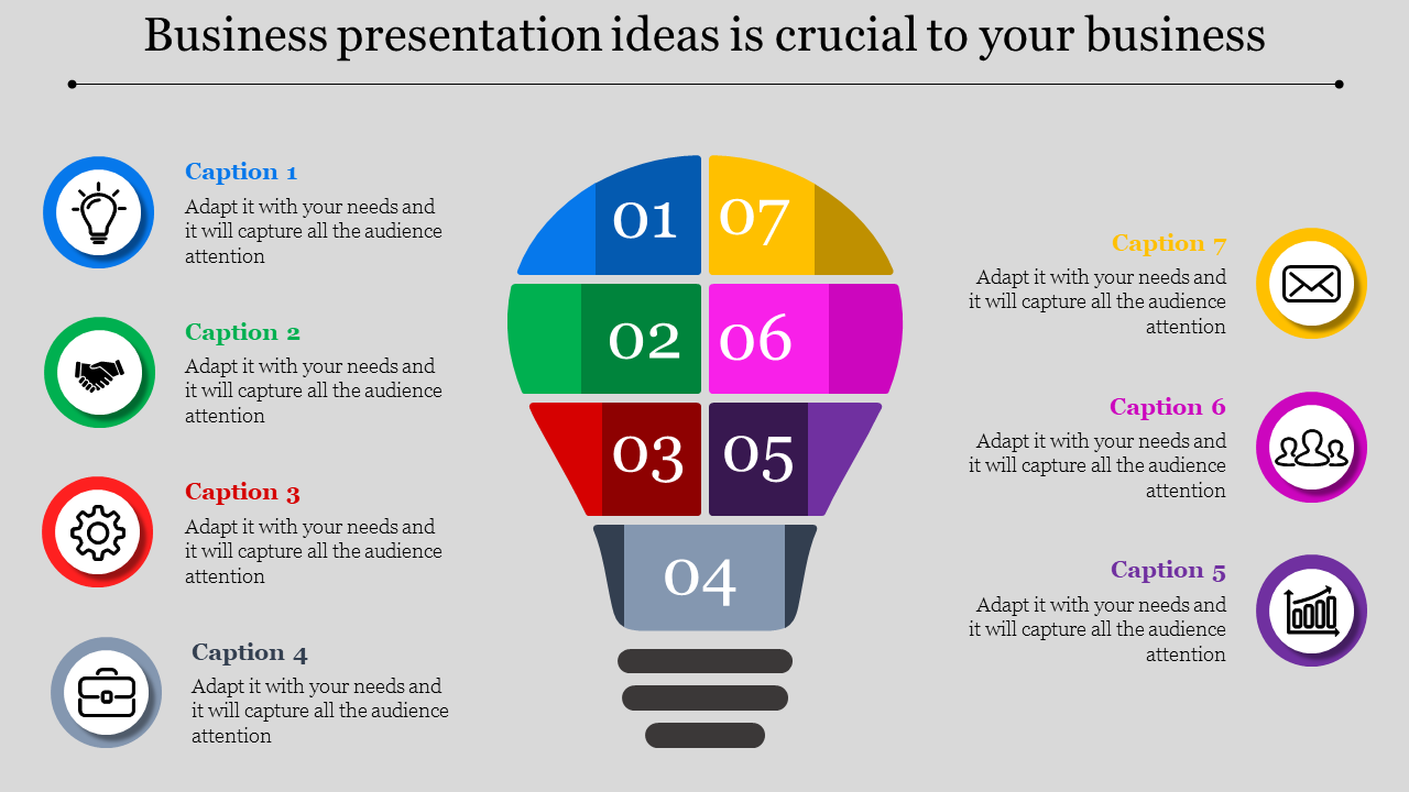 PowerPoint slide illustrating seven business presentation ideas, represented in colorful segments of a light bulb with icons.