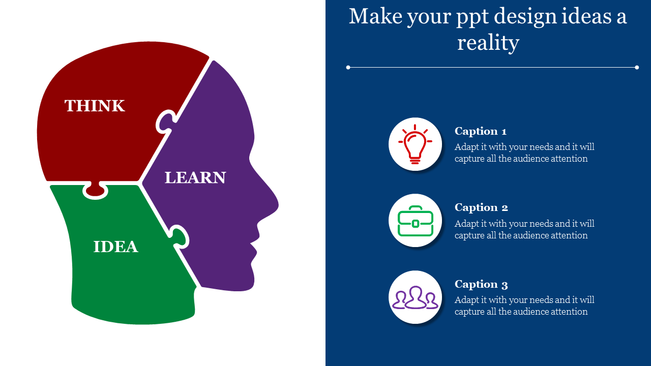 Profile puzzle infographic divided into think, learn, and idea sections, accompanied by three icons and text captions areas. 