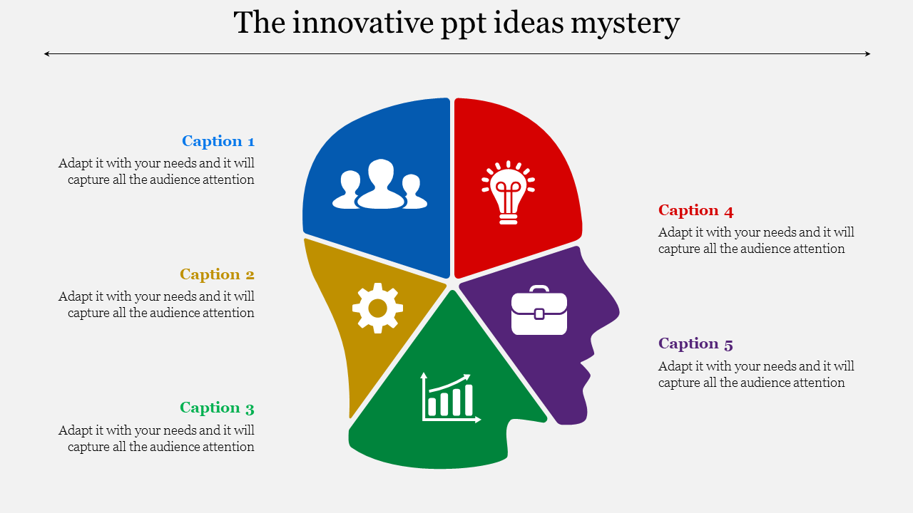 Creative PowerPoint slide displaying a head shaped diagram divided into sections with icons and captions.