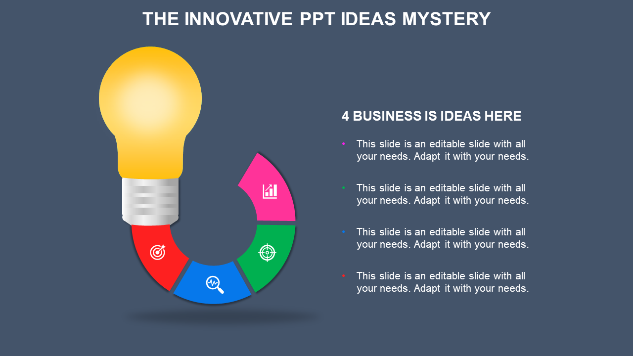 Bright lightbulb graphic with a curved arrow segmented into four colorful sections, each representing  innovative ideas.