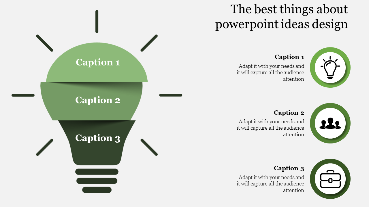 Lightbulb made of three green layers labeled 1 to 3, paired with circular icons and text on the right.