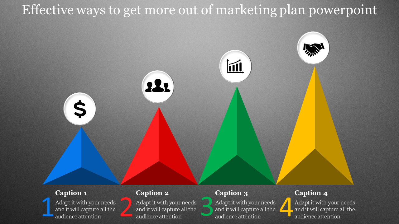 Infographic with four pyramids representing steps in a marketing plan, topped with icons and caption areas.