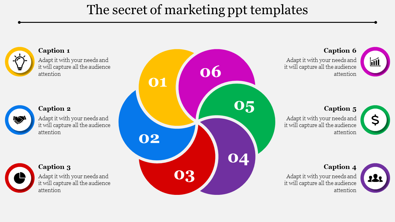 Marketing template featuring a six section circular diagram with bold numbers each linked to icons and captions areas.