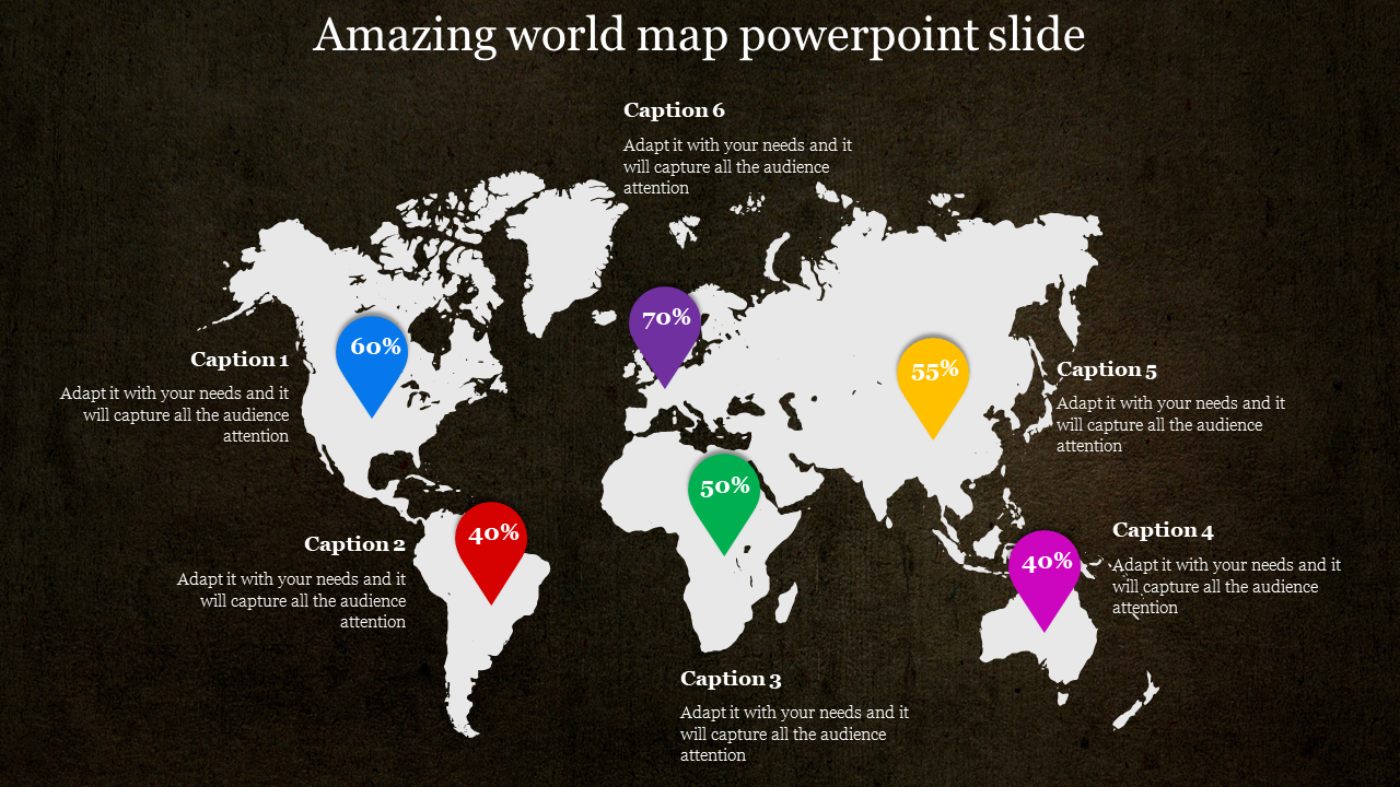 World map slide highlighting different regions with percentage markers, showcasing various data points across continents.