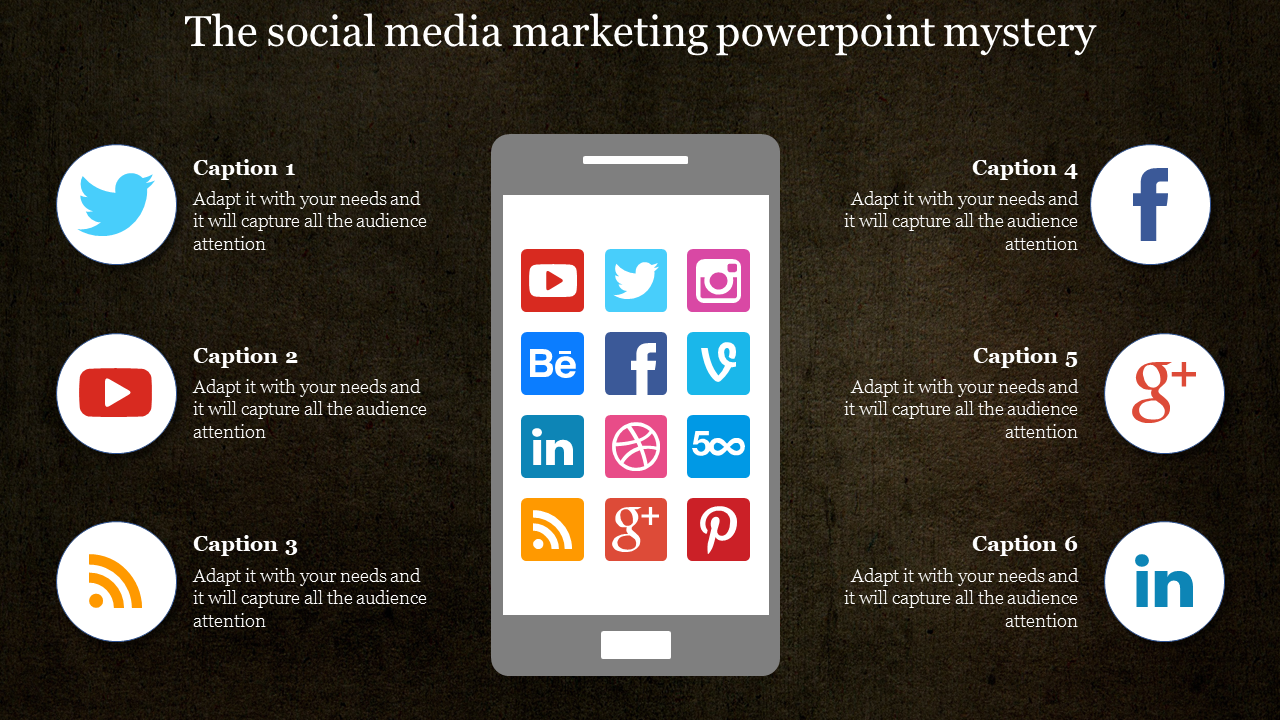 Social media-themed slide with a smartphone showing icons and caption areas for platforms, on a dark background.