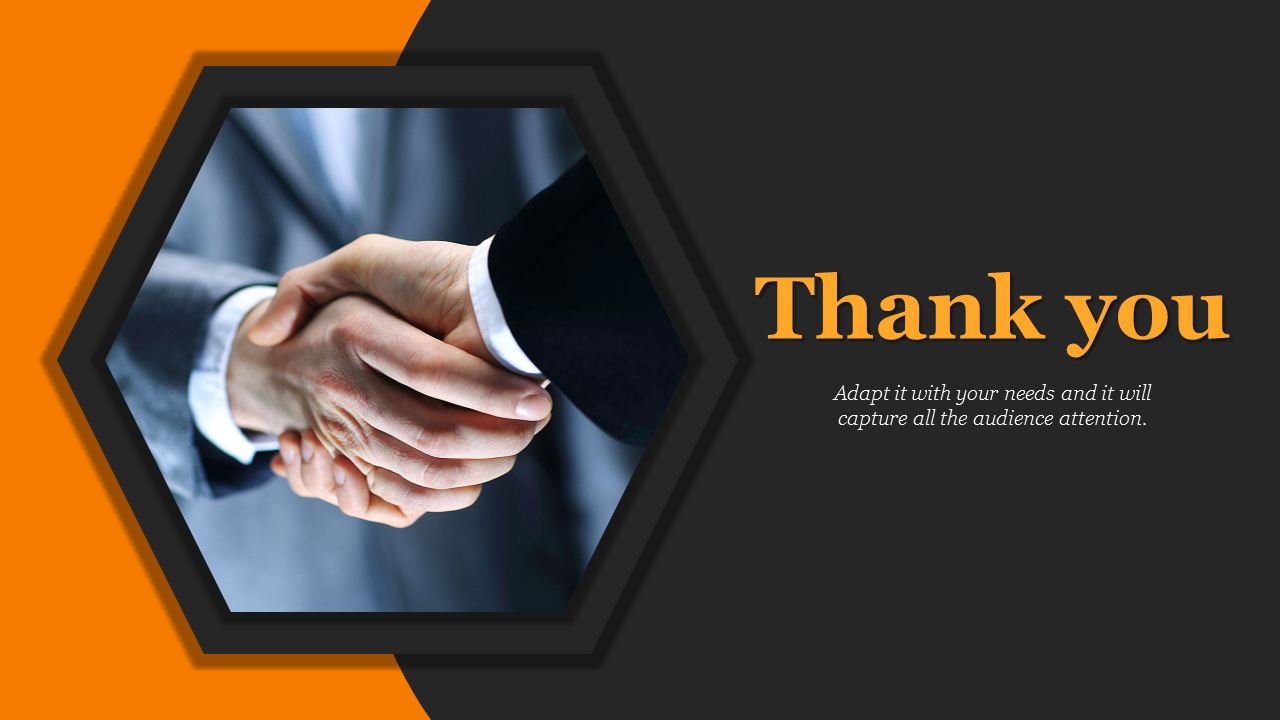 A thank you image for PPT with a professional handshake highlighted with a dark geometric frame on an orange background.