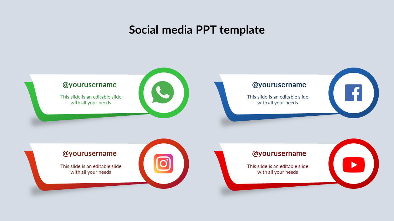 Social media PowerPoint template featuring icons for WhatsApp, Facebook, Instagram, and YouTube with placeholder text.