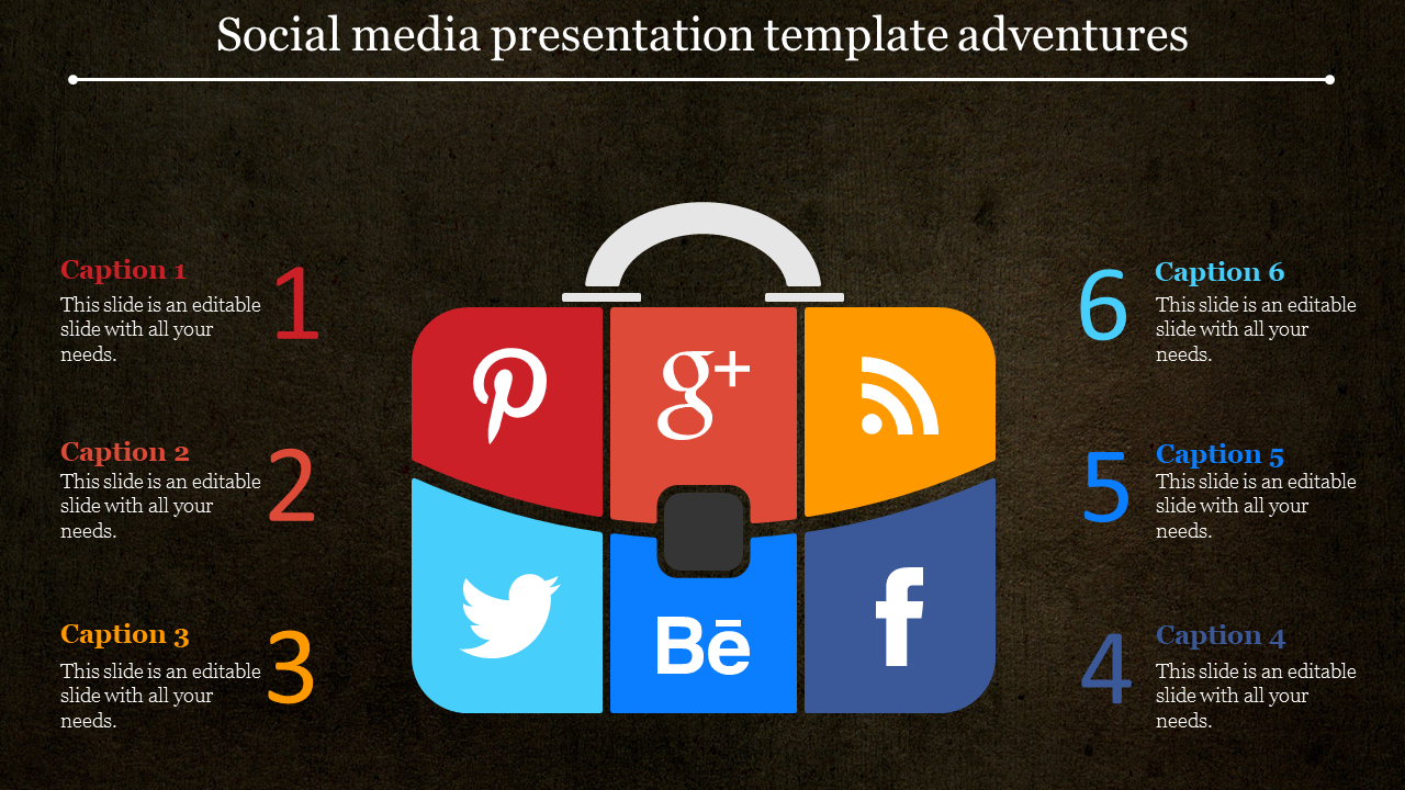 Briefcase shaped infographic with six colorful sections displaying social media icons and captions numbered 1 to 6.