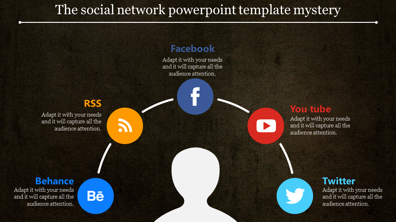 Social network PowerPoint template with icons from Behance to Twitter, each with text on a dark backdrop.