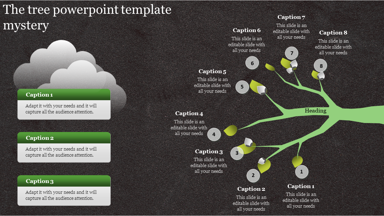 Tree themed PowerPoint template featuring a branching structure with numbered captions and sections on a dark backdrop.