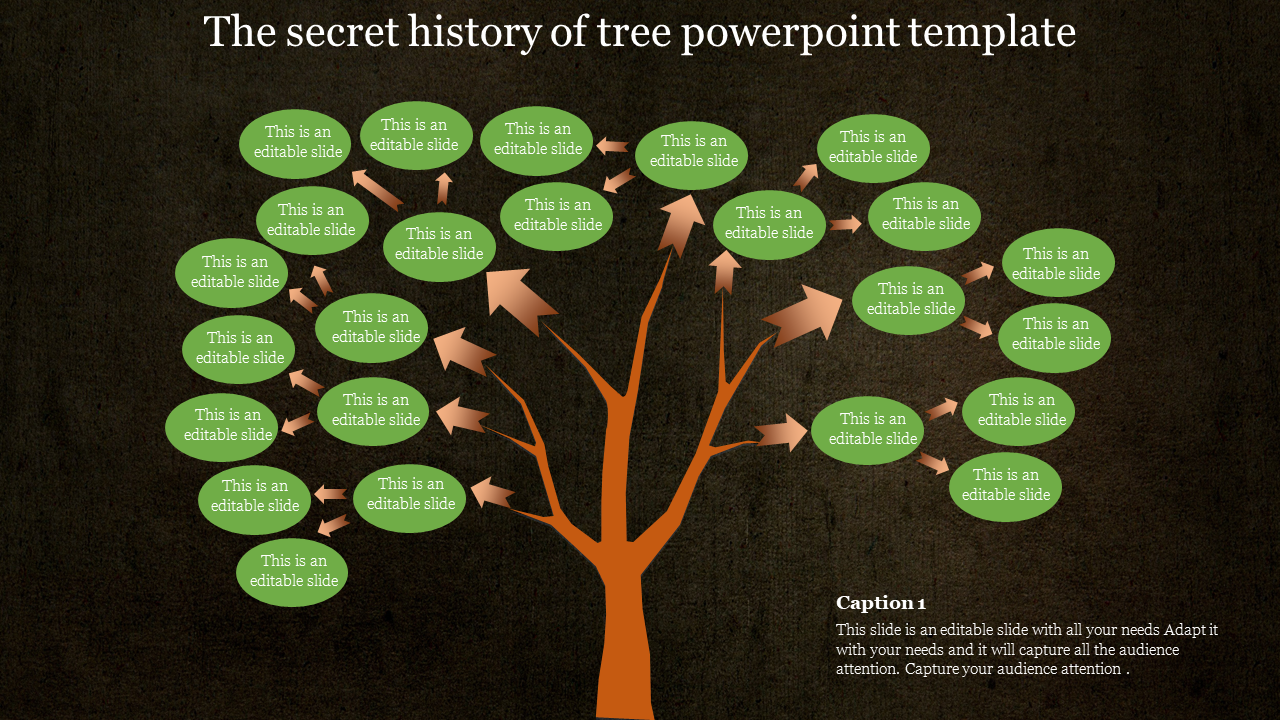 Tree infographic with green oval labels and brown arrows branching out to represent editable slide sections.