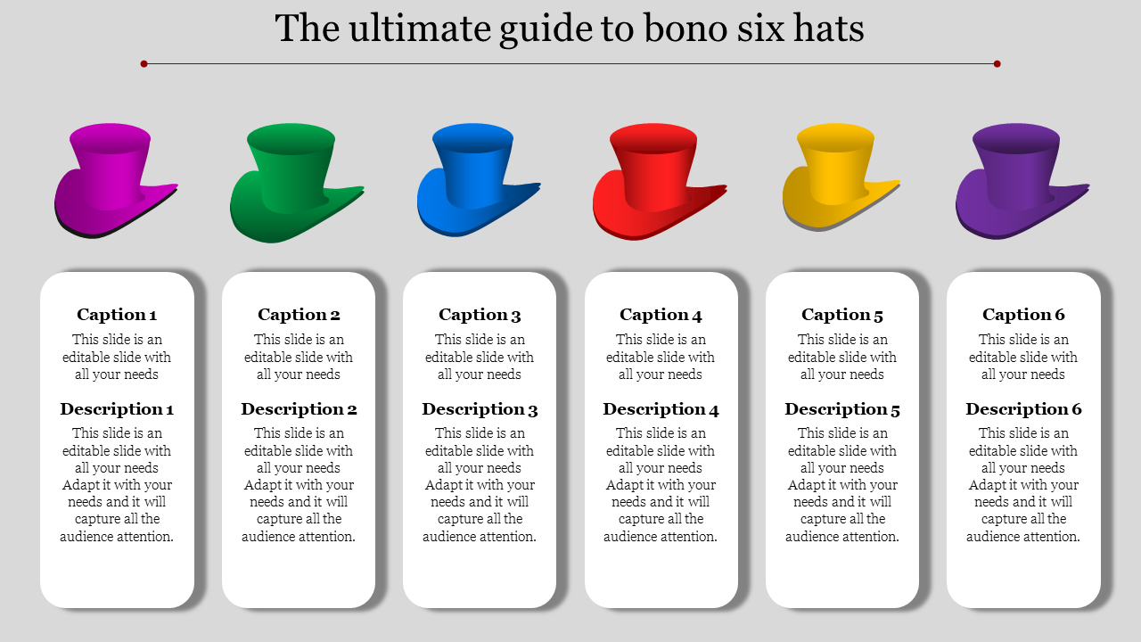 Six-hat infographic with colorful hats in magenta, green, blue, red, yellow, and purple, each paired with captions areas.