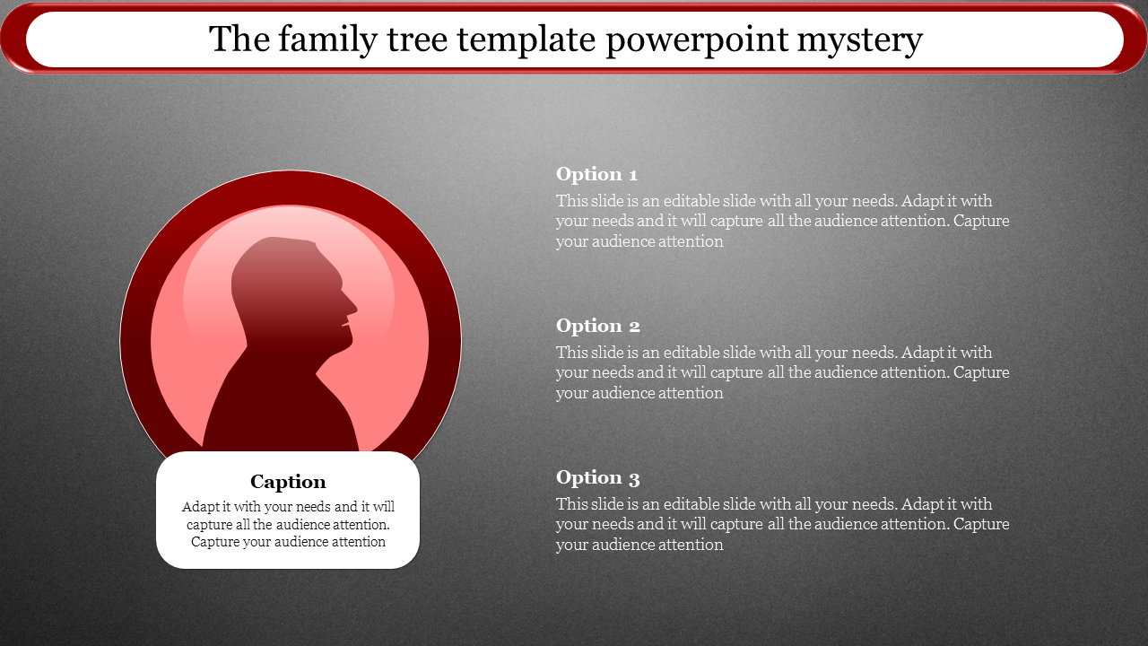 PowerPoint template for a family tree with a mystery theme, including caption placeholders.