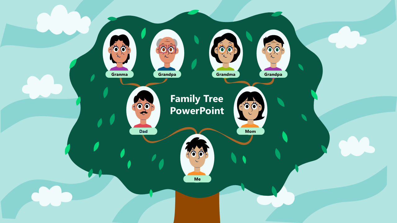 Illustrated family tree slide featuring a green tree design with labeled generations from grandparents to parents and child.