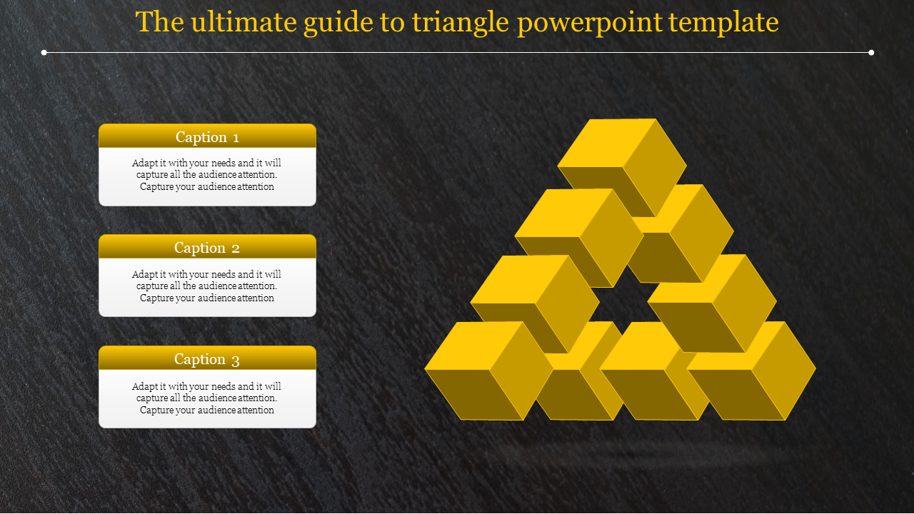 Slide showcasing a geometric triangle of golden cubes alongside three labeled text boxes with placeholder text areas.