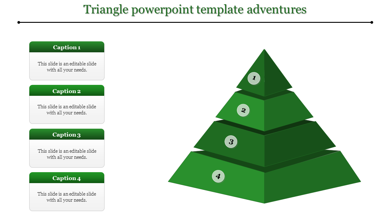 Green layered pyramid with four numbered sections on the right and captioned text boxes aligned vertically on the left.