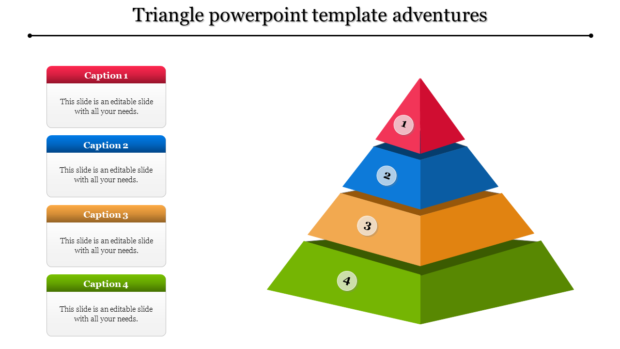 Four-level triangular infographic in red, blue, orange, and green, with numeric labels and descriptive captions areas.