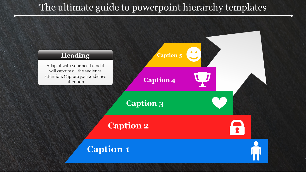 Hierarchy-themed slide showing five levels in different colors, each with captions and icons, leading up to an arrow.