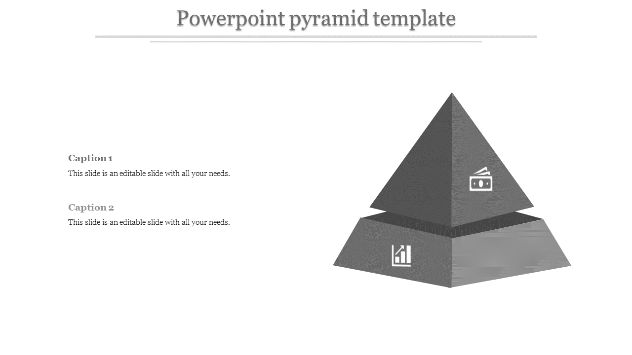 3D pyramid illustration featuring financial and growth icons, with two captions areas placed in a white background.