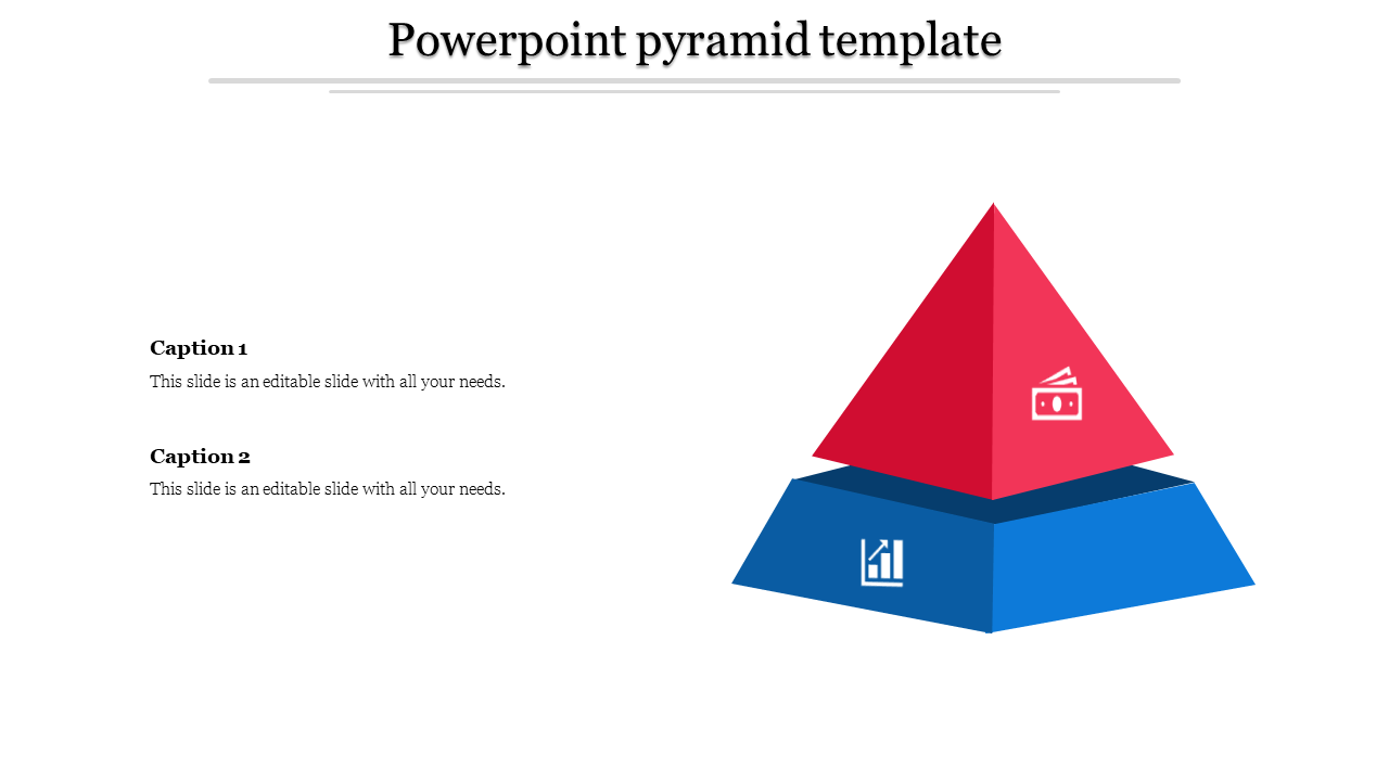 Two tier pyramid PowerPoint slide with red and blue segments, featuring icons for financial data and analytics.