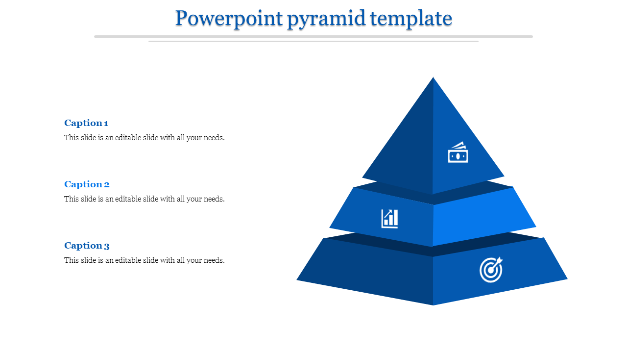 Three tier blue pyramid template with icons for financial goals, analytics, and target strategies, alongside captions.