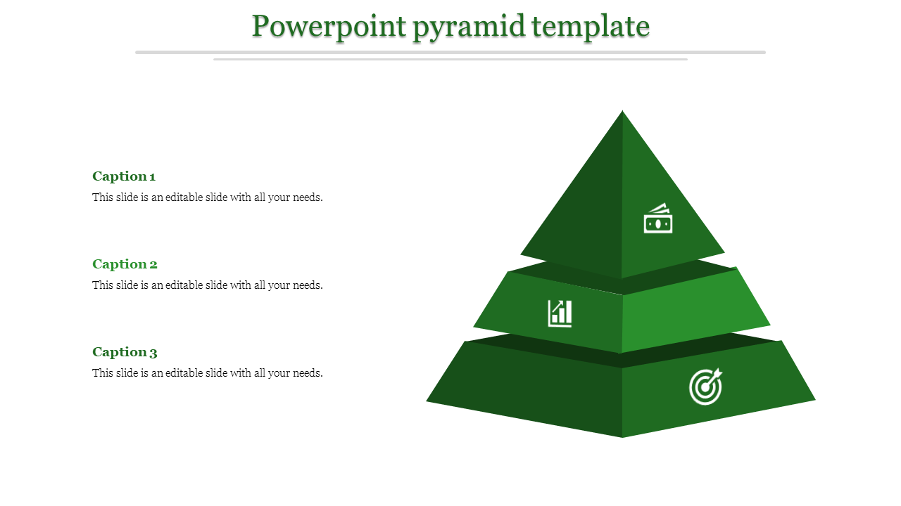 Three-tiered green pyramid with icons on each layer, and three captions placed vertically on the left.