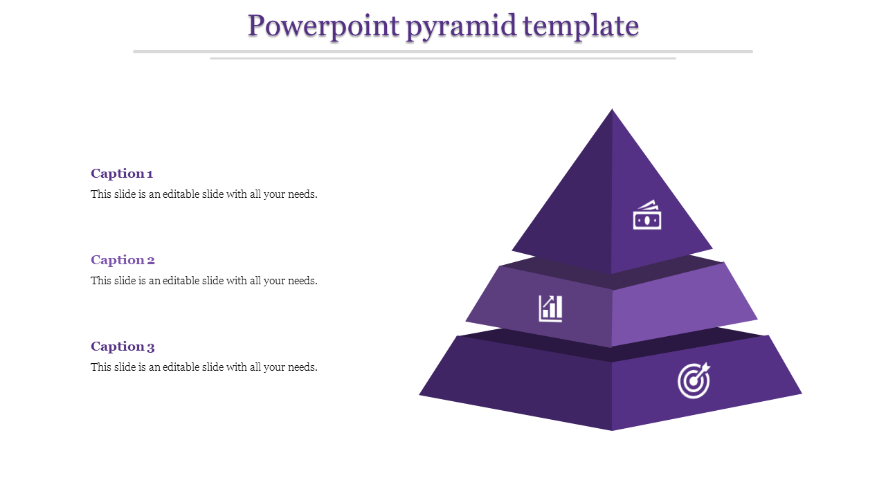 Purple pyramid with layers representing financial growth, data analysis, and  achievement, alongside three caption areas.