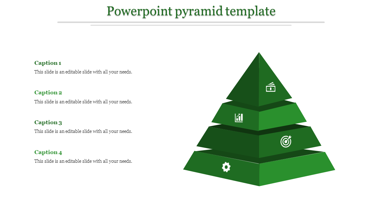 Green pyramid with four tiers, each containing an icon, alongside four caption areas listed on the left.