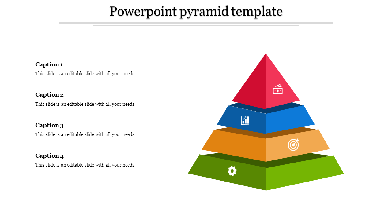 Multicolored pyramid with red, blue, orange, and green section, showcasing icons for finance, analytics, goals, and settings.