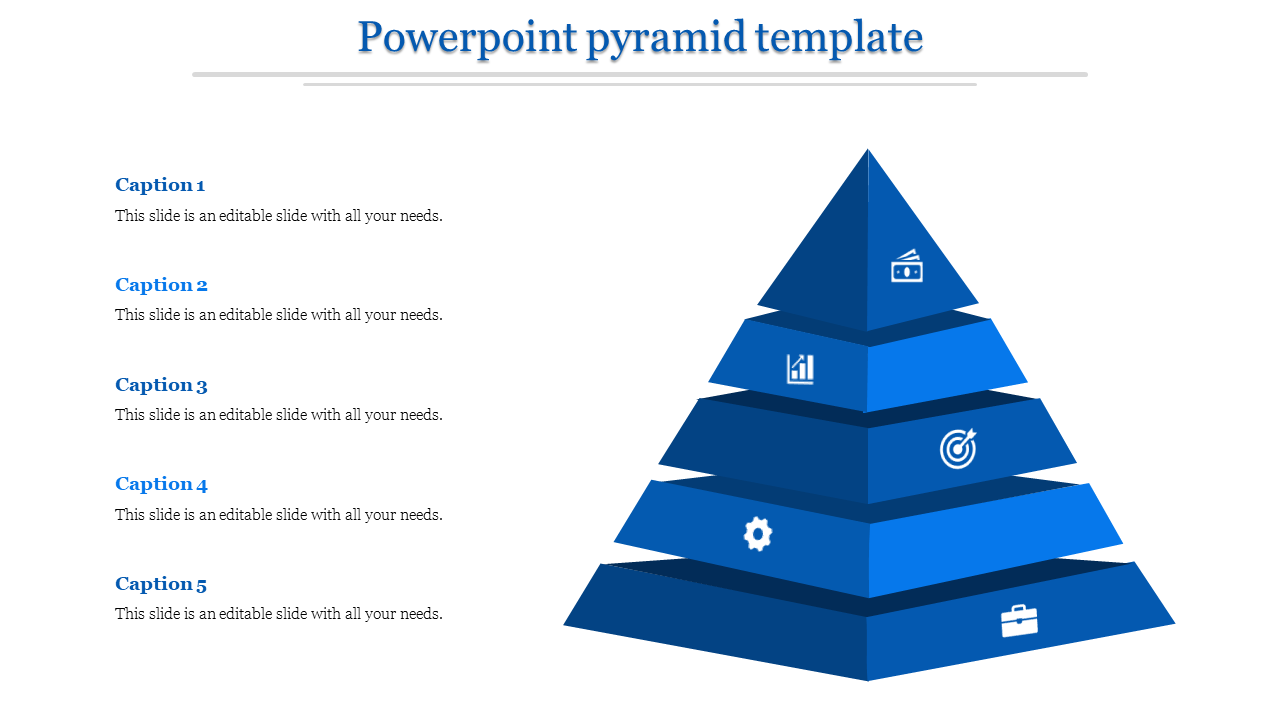 Five-tier blue pyramid diagram with icons representing different concepts, aligned with captions on the left side.