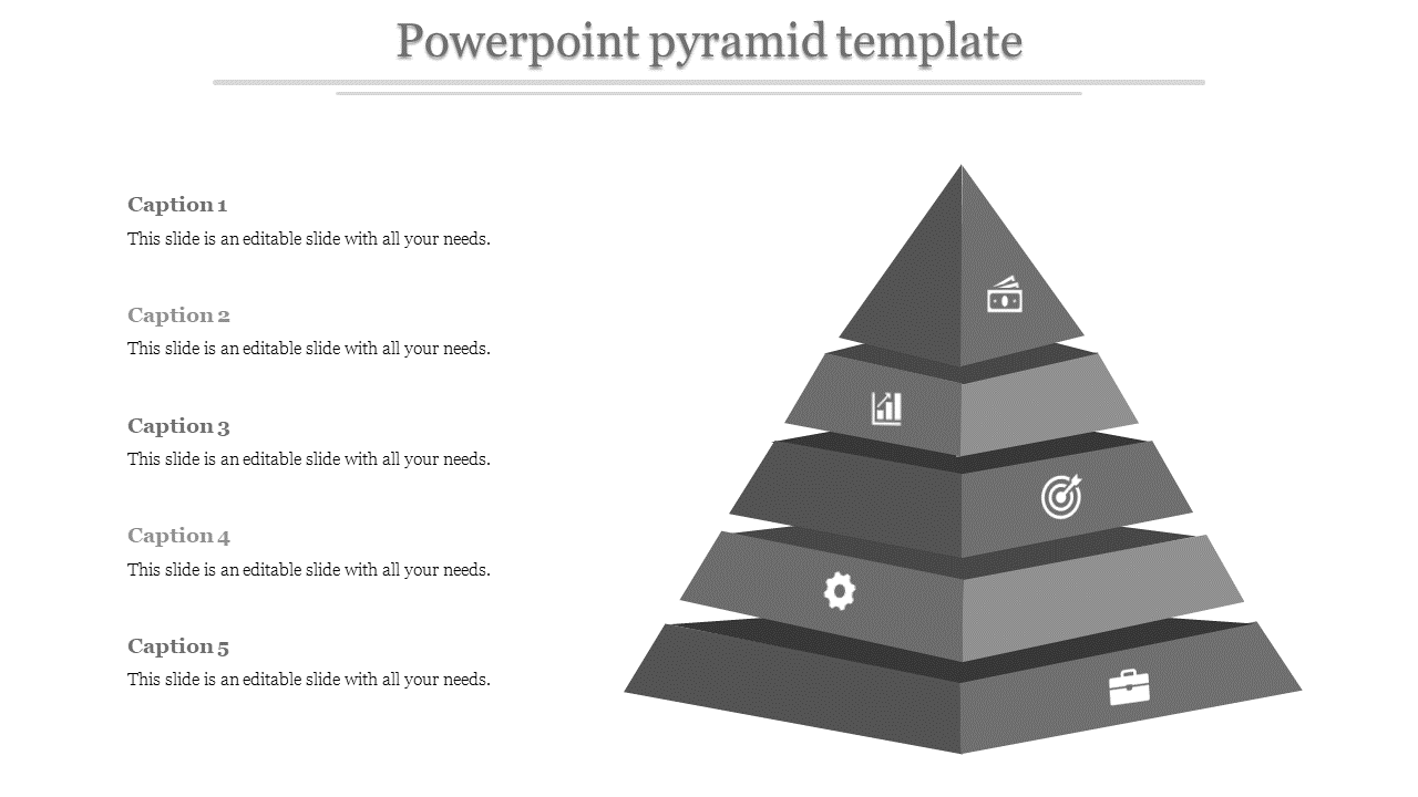 Gray pyramid diagram with five layers, each labeled with captions and icons, representing a hierarchical structure.