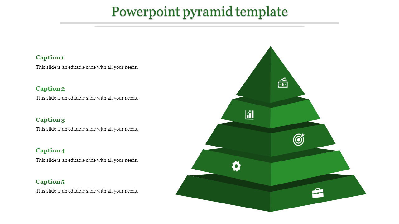 Green pyramid template with five sections labeled Caption 1 to Caption 5, featuring business-themed icons.