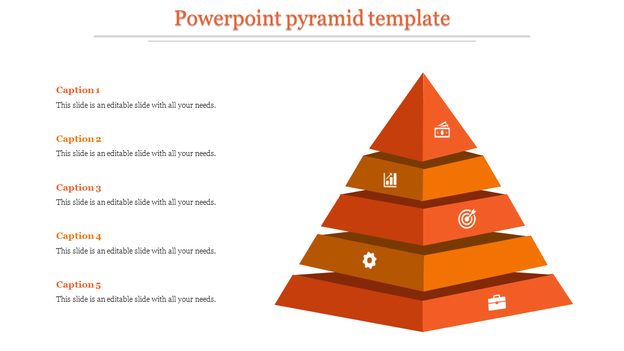 Pyramid template featuring five layers in an orange gradient, each with icons, along with caption areas.