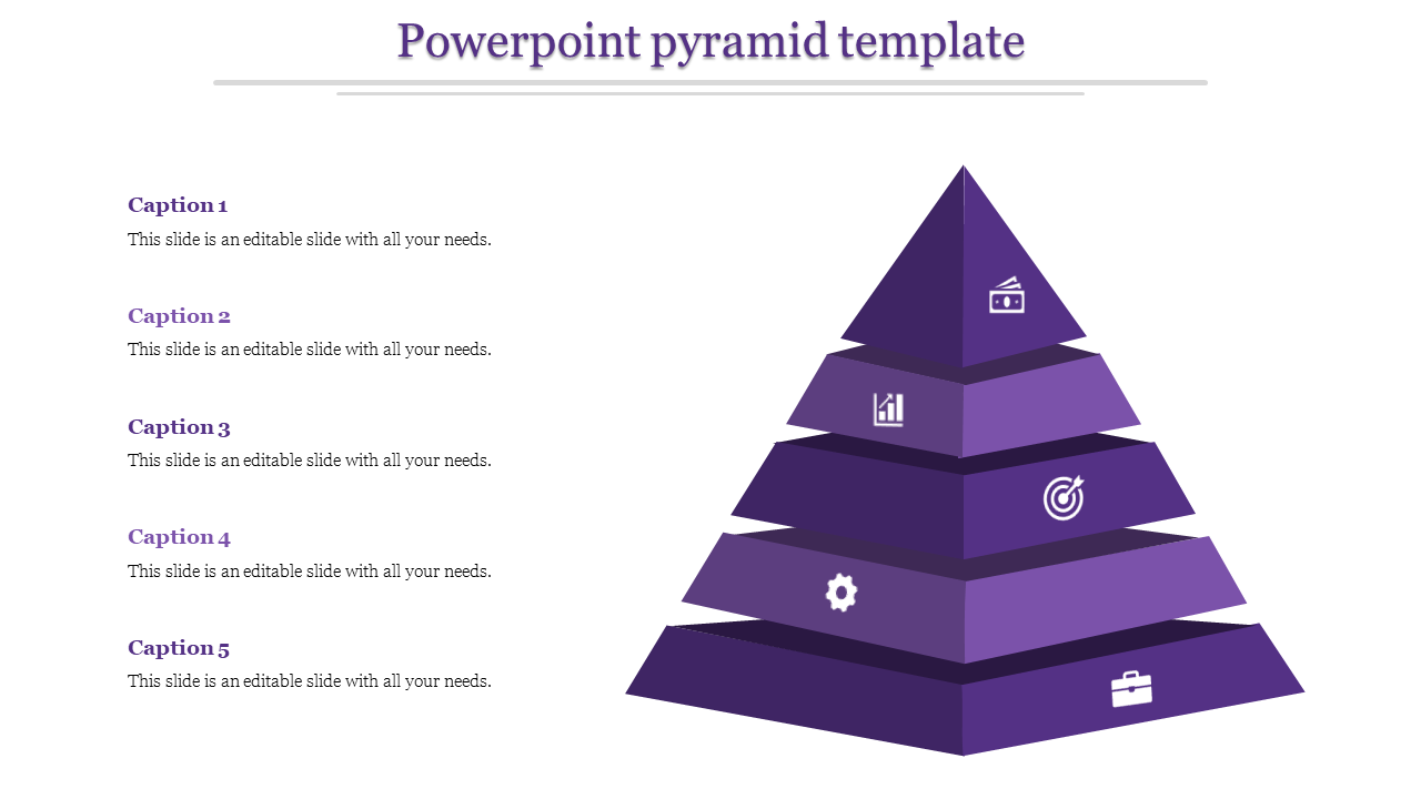 Purple pyramid structure with five tiers, each displaying an icon, and five captions on the left.