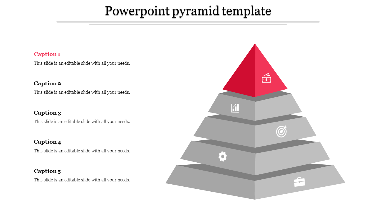  Pyramid template with five stacked layers, the topmost layer highlighted in red, each layer featuring an icon.