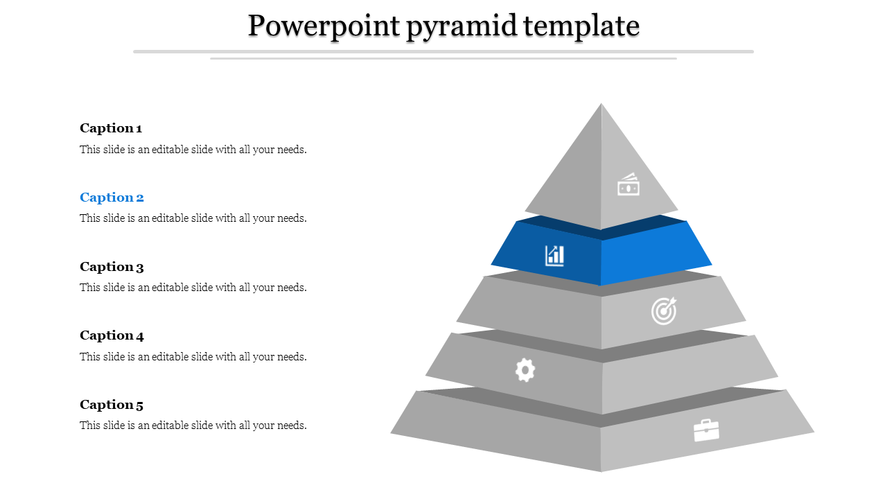 3D pyramid with five gray layers and one blue segment in the middle showcasing a bar graph icon.