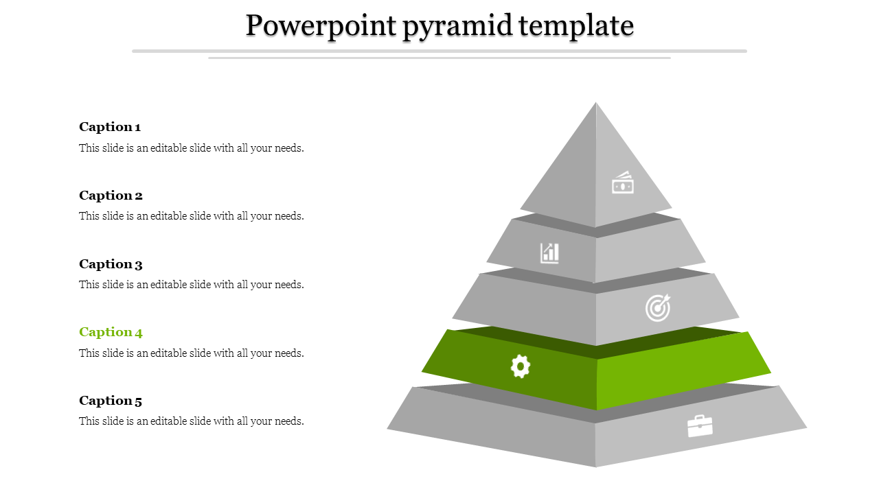 3D pyramid template with four gray layers and one green section, showcasing a settings gear icon.