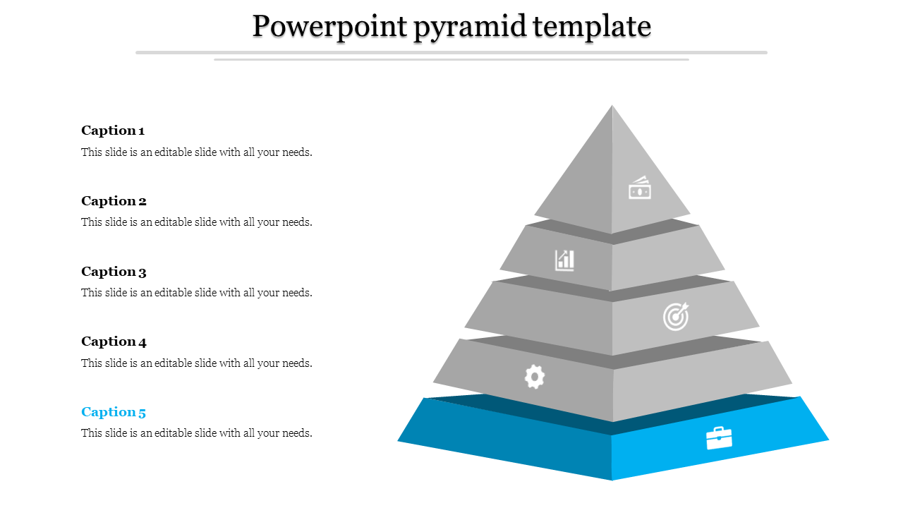 Gray five layered pyramid with icons and captions listed to the left, with blue highlighted bottom tier.