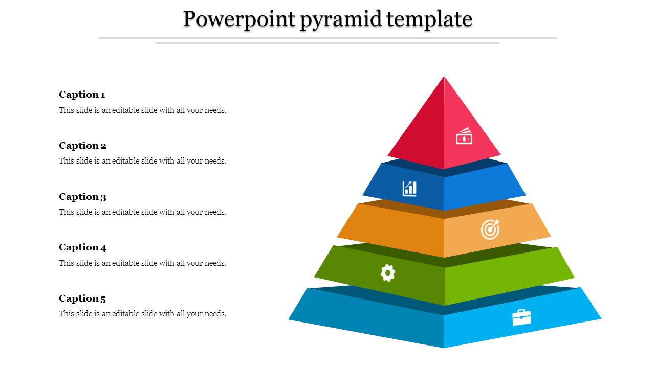 Color coded pyramid with five levels, showcasing icons like a briefcase, gear, target, graph, and wallet symbol.