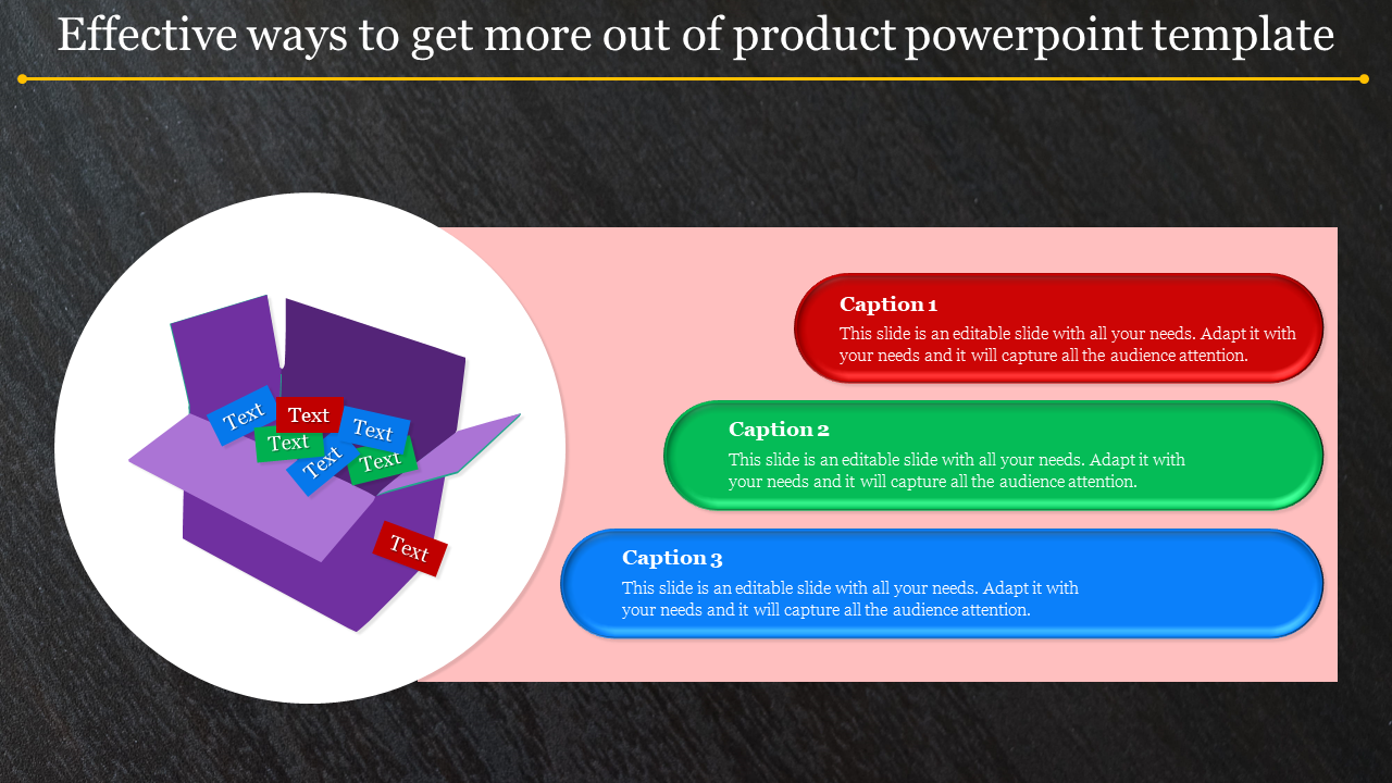 PowerPoint slide showing a purple box with text tags flying out, alongside three caption boxes in red, green, and blue.